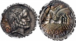 ROMAN REPUBLIC. Q. Antonius Balbus. AR Denarius Serratus (3.86 gms), Rome Mint, 83-82 B.C. NGC Ch AU★. Strike: 5/5 Surface: 5/5.
Cr-364/1d; Syd-742b....