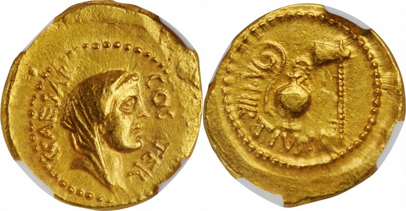 JULIUS CAESAR. AV Aureus (8.21 gms), Rome Mint, A. Hirtius, praetor, 46 B.C. NGC...