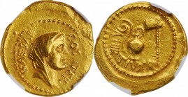 JULIUS CAESAR. AV Aureus (8.21 gms), Rome Mint, A. Hirtius, praetor, 46 B.C. NGC AU, Strike: 5/5 Surface: 4/5.
Cr-466/1; CRI-56; Calico-37b; Syd-1018...