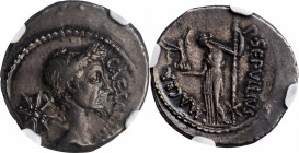 JULIUS CAESAR. AR Denarius (4.05 gms), Rome Mint, P. Sepullius Macer, moneyer, 44 B.C. NGC EF, Strike: 4/5 Surface: 5/5.
Cr-480/5b; CRI-106a; Syd-107...