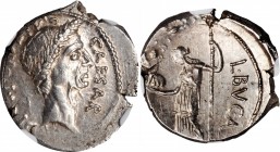 JULIUS CAESAR. AR Denarius (3.98 gms), Rome Mint, L. Aemilius Buca, moneyer, 44 B.C. NGC Ch AU, Strike: 4/5 Surface: 5/5.
Cr-480/8; CRI-105; Syd-1061...