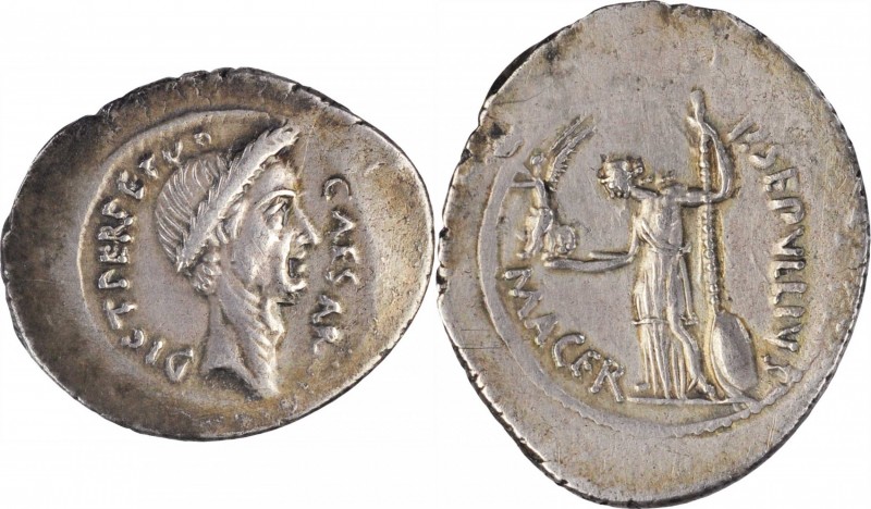 JULIUS CAESAR. AR Denarius (3.98 gms), Rome Mint, P. Sepullius Macer, moneyer, 4...