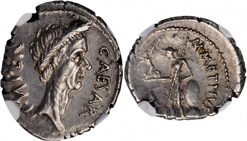 JULIUS CAESAR. AR Denarius (3.87 gms), Rome Mint, M. Mettius, moneyer, 44 B.C. N...