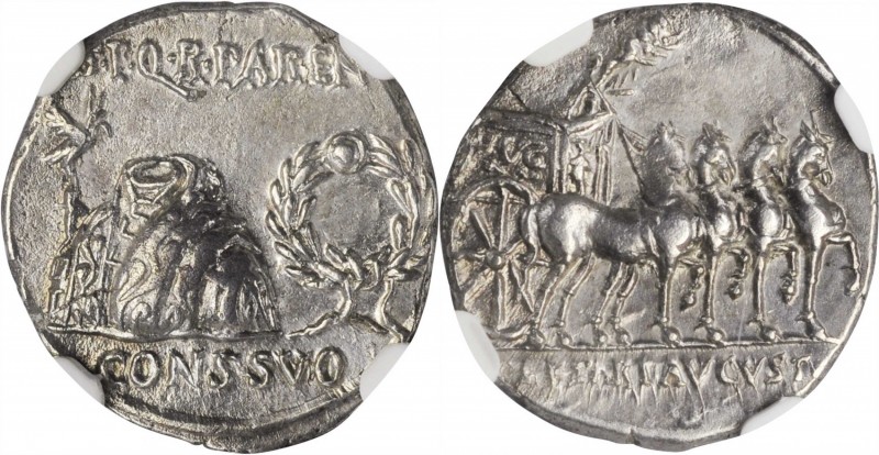 AUGUSTUS, 27 B.C.- A.D. 14. AR Denarius (3.58 gms), Uncertain Mint in Spain, pos...