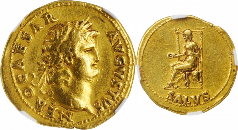 NERO, A.D. 54-68. AV Aureus (7.23 gms), Rome Mint, ca. A.D. 65-66. NGC Ch VF, St...