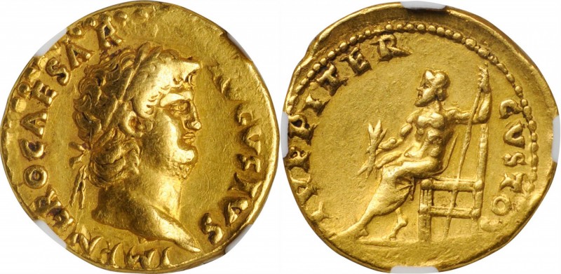 NERO, A.D. 54-68. AV Aureus (7.30 gms), Rome Mint, ca. A.D. 66-67. NGC Ch VF, St...