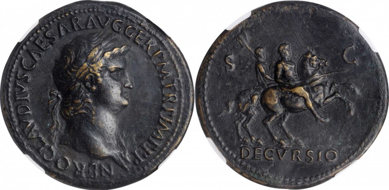 NERO, A.D. 54-68. AE Sestertius (27.53 gms), Rome Mint, ca. A.D. 64-66. NGC Ch E...