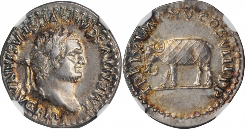 TITUS, A.D. 79-81. AR Denarius (3.20 gms), Rome Mint, A.D. 80. NGC AU, Strike: 4...