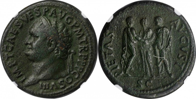 TITUS, A.D. 79-81. AE Sestertius (26.75 gms), Rome Mint, A.D. 80-81. NGC EF, Str...