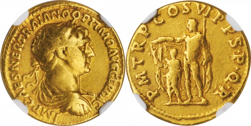 TRAJAN, A.D. 98-117. AV Aureus (6.77 gms), Rome Mint, A.D. 114-115. NGC Ch F, St...