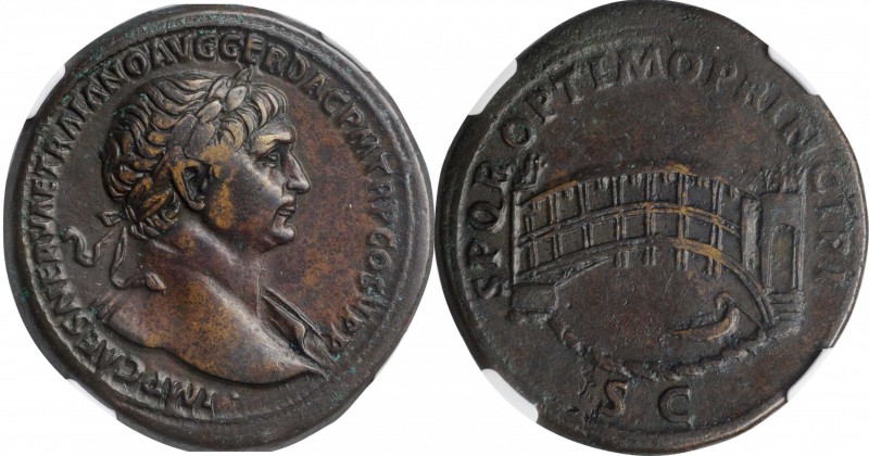 TRAJAN, A.D. 98-117. AE Sestertius (29.28 gms), Rome Mint, ca. A.D. 107-108. NGC...