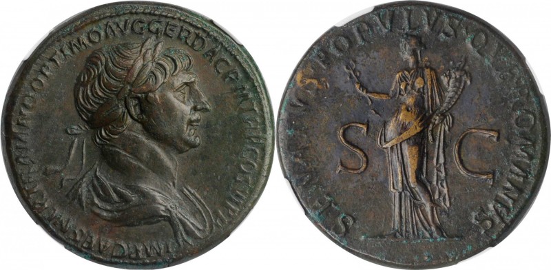 TRAJAN, A.D. 98-117. AE Sestertius (26.68 gms), Rome Mint, A.D. 114-116. NGC Ch ...