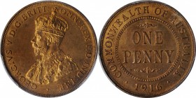 AUSTRALIA. Penny, 1916-I. Calcutta Mint. PCGS SPECIMEN-64+ Red Brown Gold Shield.
KM-23. The only example at this grade for finest certified at PCGS ...