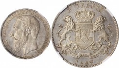 BELGIAN CONGO. 5 Francs, 1887. Leopold II. NGC MS-63.
KM-8.1. Mintage: 8,000. Variety with "R. D. BELGES" in the obverse legend. The date is repunche...