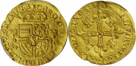 BELGIUM. Brabant. Couronne d'Or au Soleil, 1554. Antwerp Mint. Charles V. PCGS MS-62 Gold Shield.
3.40 gms. Fr-62; Delm-102. The single finest exampl...