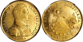 BOLIVIA. 8 Scudos, 1835-PTS LM. Potosi Mint. NGC AU-58.
Fr-21; KM-99. A highly brilliant and lustrous example, with just the slightest degree of gent...