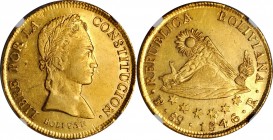 BOLIVIA. 8 Scudos, 1846-PTS R. Potosi Mint. NGC AU-58.
Fr-26; KM-108.2. An enchanting golden-orange tone and alluring underlying brilliance highlight...