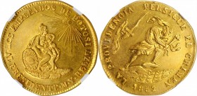 BOLIVIA. Belzu Proclamation Gold Medallic 4 Escudos, 1852. NGC AU-58.
28 mm; 13.52 gms. Fonrobert-9563; Burnett-38. Plain edge. Obverse: LOS EMPLEADO...