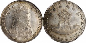 BOLIVIA. 8 Soles, 1840-PTS LR. Potosi Mint. Republic. NGC MS-63.
KM-97. Tied in the NGC census with just one other example for the finest graded, thi...