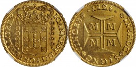 BRAZIL. 20000 Reis, 1726-M. Minas Gerais Mint. Joao V. NGC MS-62.
Fr-33; KM-117; LDMB-O250; Gomes-106.03. A boldly struck and original survivor with ...