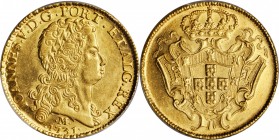 BRAZIL. 12800 Reis, 1731-M. Minas Gerais Mint. Joao V. PCGS AU-58 Gold Shield.
Fr-55; KM-139; LDMB-O287a. Boldly struck displaying nice detail on bot...