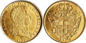 BRAZIL. 12800 Reis, 1733-M. Minas Gerais Mint. Joao V. PCGS AU-58 Gold Shield.
Fr-55; KM-139; LDMB-O289a. Boldly struck showing excellent detail on b...