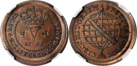 BRAZIL. 5 Reis, 1799. Maria II. NGC MS-64 Red Brown.
KM-227; Gomes-03.02. Thick planchet. The only example certified in the NGC census, this Near Gem...