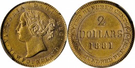 CANADA. Newfoundland. 2 Dollars, 1881. London Mint. Victoria. PCGS MS-62 Gold Shield.
Fr-1; KM-5. An ever-popular type, this issue is rather difficul...