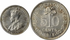 CEYLON. Specimen Set (3 Pieces), 1913. All PCGS Gold Shield Certified.
1) 50 Cents. SP-64. KM-109; Prid-110A. 2) 25 Cents. SP-64. KM-105; Prid-139A. ...