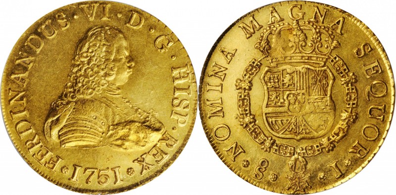 CHILE. 8 Escudos, 1751-So J. Santiago Mint. Ferdinand VI. PCGS MS-62.
Fr-5; KM-...