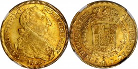 CHILE. 8 Escudos, 1766-So J. Santiago Mint. Charles III. NGC EF-45.
Fr-11; KM-25. "Rat nose" type. An enchanting luster and pleasing golden-orange to...