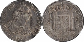 CHILE. 8 Reales, 1777-So DA. Santiago Mint. Charles III. NGC VF-35.
KM-31; FC-16 (R10, the highest rarity given); EL-23. Mintage: 26,000. An EXTREMEL...