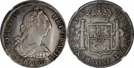 CHILE. 8 Reales, 1790-So DA. Santiago Mint. Charles IV. NGC AU-53.
KM-39; FC-29; EL-40; Cal-Type-85 # 734. Mintage: 147,000. Three-year type. Another...