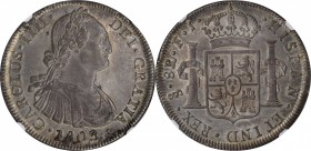 CHILE. 8 Reales, 1803/2-So FJ. Santiago Mint. Charles IV. NGC AU-58.
KM-51; FC-43b; El-56; Cal-Type-86 # 753. Mintage: 111,000. Displaying a nice, bo...