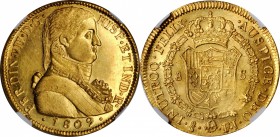 CHILE. 8 Escudos, 1809-So FJ. Santiago Mint. Ferdinand VII. NGC MS-62.
Fr-28; KM-72. Military bust. Featuring an appealing golden-orange tone highlig...