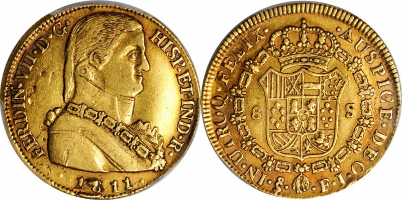 CHILE. 8 Escudos, 1811-So FJ. Santiago Mint. Ferdinand VII. PCGS EF-45 Gold Shie...