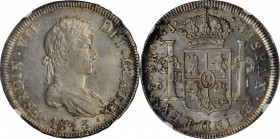 CHILE. 8 Reales, 1813-So FJ. Santiago Mint. Ferdinand VII. NGC MS-61.
KM-80; FC-54; EL-71; Cal-Type-165 # 629. Mintage: 415,000. Impressively detaile...