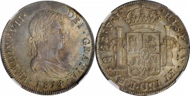 CHILE. 8 Reales, 1814-So FJ. Santiago Mint. Ferdinand VII. NGC MS-62.
KM-80; FC-55; EL-72; Cal-Type-165 # 630. Mintage: 368,000. An entirely original...