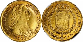 COLOMBIA. 8 Escudos, 1766-NR JV. Nuevo Reino Mint. Charles III. NGC AU-53.
Fr-31; KM-41. "Rat nose" type. An appealing golden-orange tone around the ...