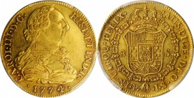 COLOMBIA. 8 Escudos, 1774-P JS. Popayan Mint. Charles III. PCGS AU-53 Gold Shield.
Fr-36; KM-50.2; Restrepo-73.10. A good deal of luster remains on t...