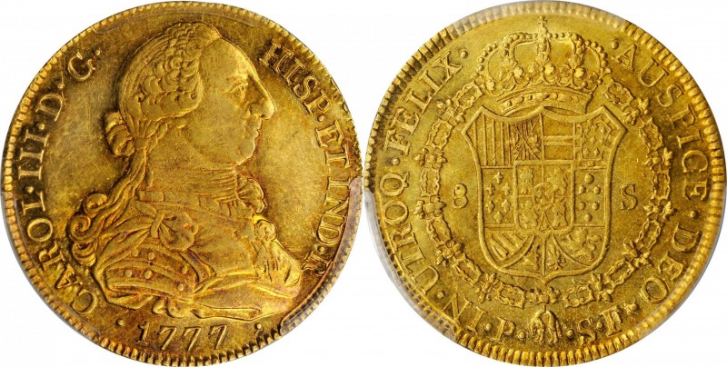 COLOMBIA. 8 Escudos, 1777-P SF. Popayan Mint. Charles III. PCGS AU-58 Gold Shiel...