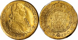 COLOMBIA. 8 Escudos, 1797-P JF. Popayan Mint. Charles IV. NGC AU-58.
Fr-52; KM-62.2. A rather brilliant piece, this example exhibits pleasing luster ...