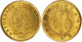 COLOMBIA. 8 Escudos, 1830-BOGOTA RS. Bogota Mint. PCGS MS-62 Gold Shield.
Fr-67; KM-82.1; Restrepo-M165.19. A handsome example, well above the usual ...