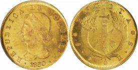 COLOMBIA. 8 Escudos, 1830-BOGOTA RS. Bogota Mint. PCGS MS-61 Gold Shield.
Fr-67; KM-82.1; Restrepo-M165.19. A fresh and original survivor with signs ...