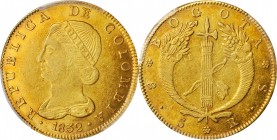 COLOMBIA. 8 Escudos, 1832-BOGOTA RS. Bogota Mint. Republic. PCGS AU-58 Gold Shield.
Fr-67; KM-82.1; Restrepo-165.23. Only a slight degree of gentle w...