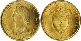 COLOMBIA. 16 Pesos, 1838-BOGOTA RS. Bogota Mint. PCGS MS-62 Gold Shield.
Fr-74; KM-94.1; Restrepo-M211.3. The coin exhibits a bold central strike wit...