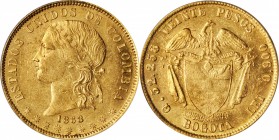 COLOMBIA. 20 Pesos, 1868-BOGOTA. Bogota Mint. PCGS AU-53.
Fr-99; Restrepo M336.4; KM-142.1. Lightly toned but bright overall, the present offering ex...