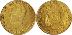 ECUADOR. 8 Escudos, 1856-QUITO GJ. Quito Mint. PCGS AU-53 Gold Shield.
Fr-8; KM-34.2; Onza-1776. The coin exhibits a bold central strike with good de...