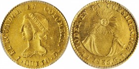 ECUADOR. 2 Escudos, 1835-QUITO GJ. Quito Mint. PCGS MS-61 Gold Shield.
Fr-1; KM-16; Seppa-EC-79. A terrific example of this scarce issue, RARE in thi...