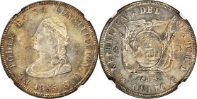 ECUADOR. 4 Reales, 1855-QUITO GJ. Quito Mint. NGC MS-63+.
KM-37. An absolutely singular example of this type, VERY RARE in this astounding state of p...